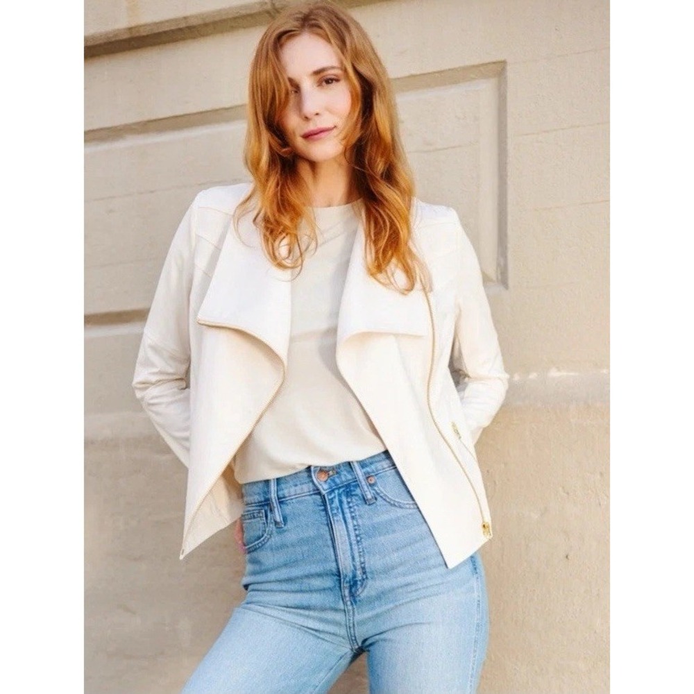 Clara Sun Woo Womens Liquid Faux Leather Moto Jacket Sz XS Ivory Assymetrical